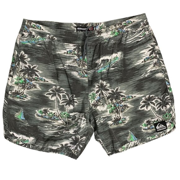 Quiksilver Elastic Waist Board Shorts L Grey Hawaiian Floral Pockets Drawstring - Picture 1 of 5